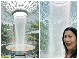 （写真はシンガポールの チャンギ空港近く、 HSBC Rain Vortex （レイン・ボルテックス） という噴水です。 世界最大・最高の屋内滝で、 高さは約40 m。巨大なガラス屋根から 水が7階分降り注ぎます）