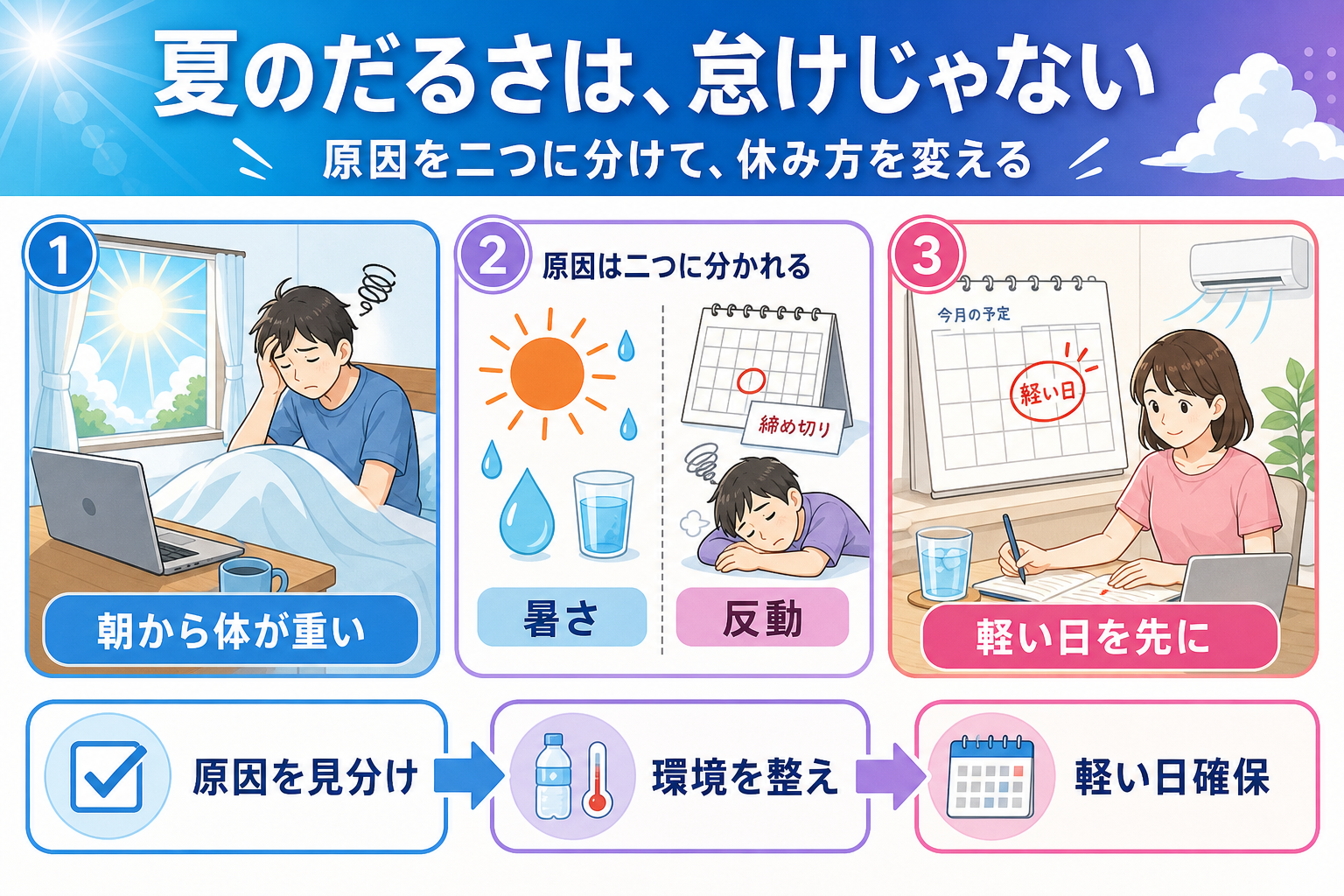 寝ても取れない夏のだるさ、休み方を間違えている人へ